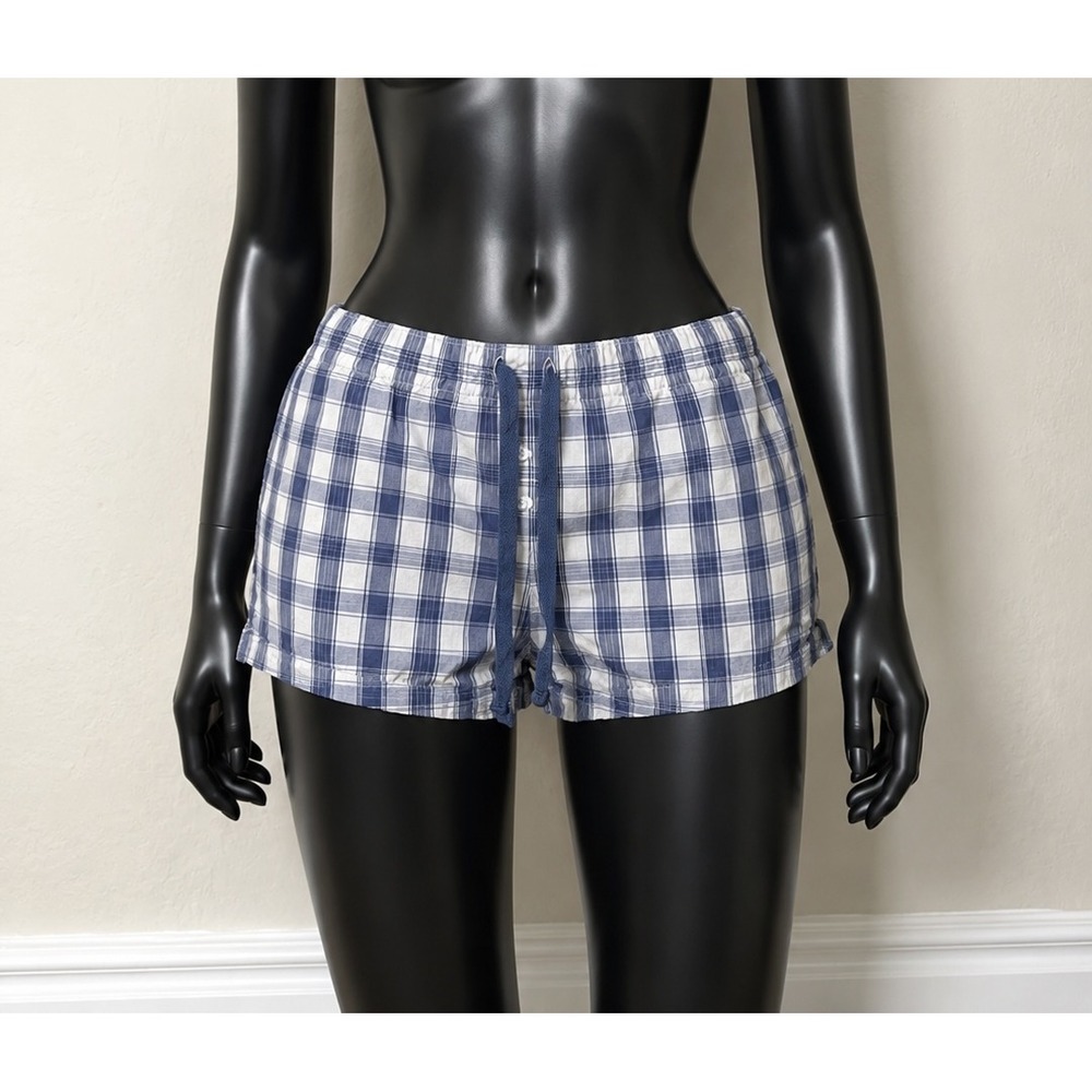 Faded Glory Womens L 12-14 Blue White Plaid Organic Cotton Pajama Shorts